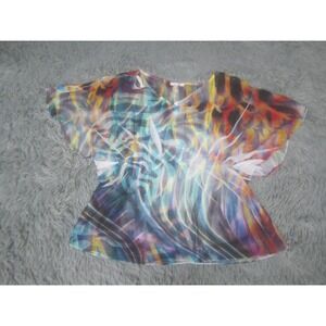 Free 2 Luv Blouse Womens Medium Colorful V-Neck Flutter Sleeves Top